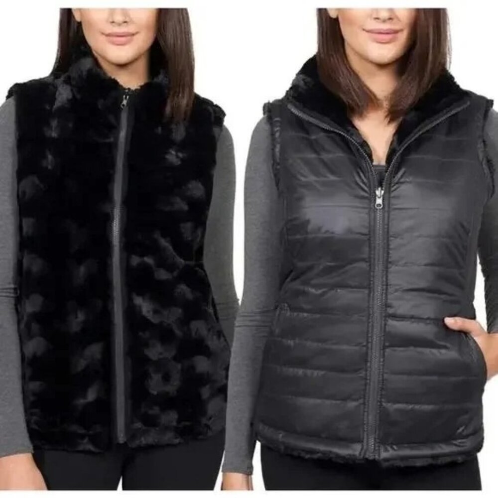 Nicole Miller Reversible Faux Fur Puffer Vest Black Womens Size XS Full Zip Coat